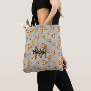 Bolsa Tote Fatias de pizza legais padrão cinza vintage Monogr