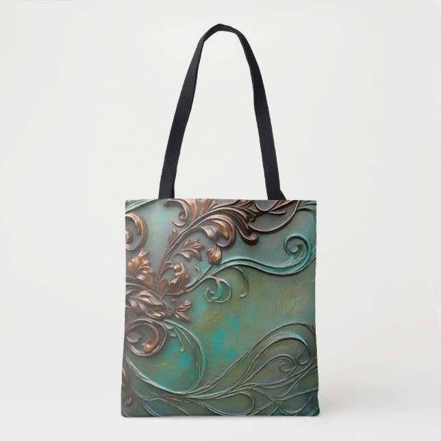 Bolsa Tote Faux 3D design teal e ferrugem floresce (Frente)