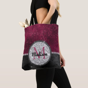Bolsa Tote Faux Chic Silver Glitter Burgundy Monograma preto