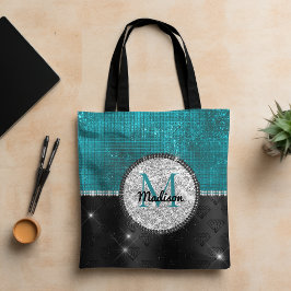 Bolsa Tote Faux Chic Silver Glitter Turquoise Monograma preto