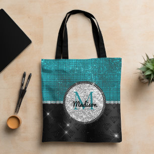 Bolsa Tote Faux Chic Silver Glitter Turquoise Monograma preto