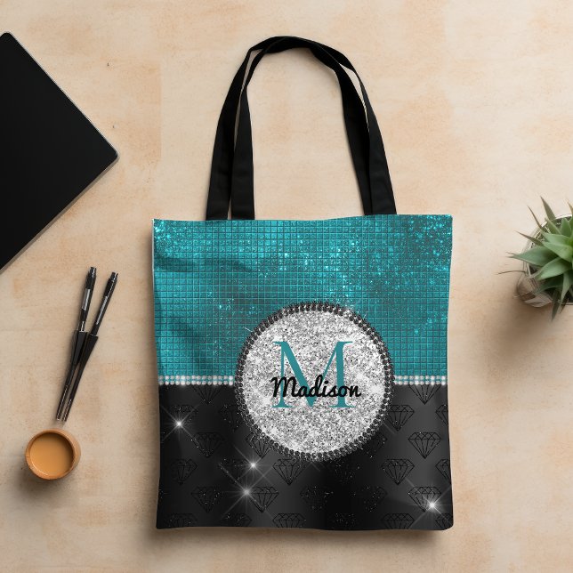 Bolsa Tote Faux Chic Silver Glitter Turquoise Monograma preto (Criador carregado)