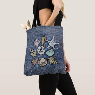 Bolsa Tote Faux Denim Patchwork Seashell Art Bag
