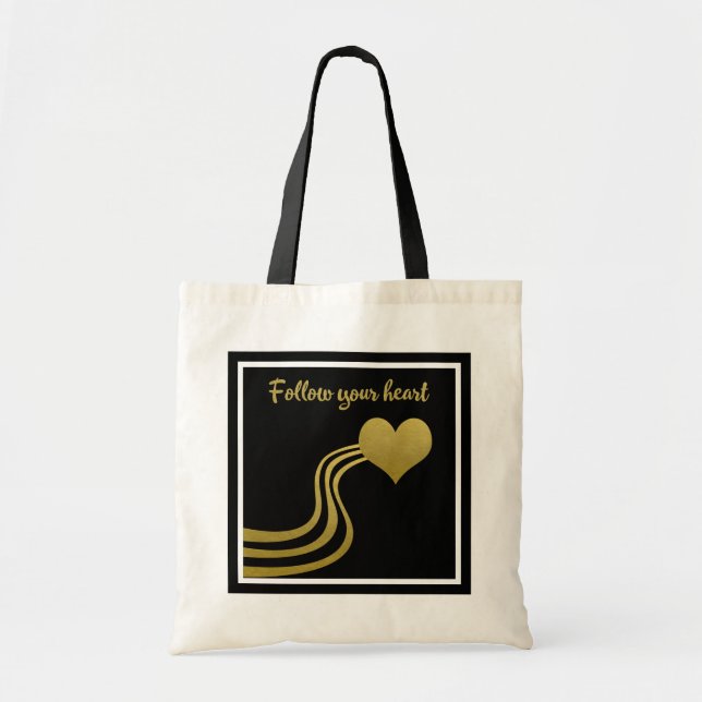 Bolsa Tote Faux Dourado em preto Siga seu coração (Frente)
