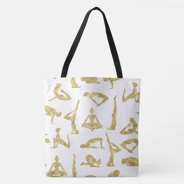 Bolsa Tote Faux Dourado Silhouettes Yoga Poses (Frente)