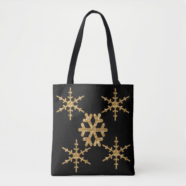 Bolsa Tote Faux Glitter Flocos de neve Dourados (Frente)