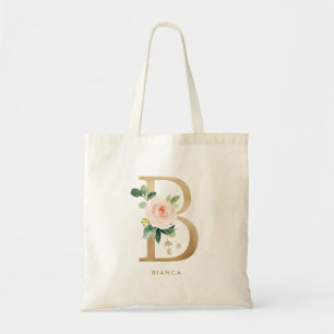 Bolsa Tote Faux Gold Foil Floral B Monograma Bridesmaid