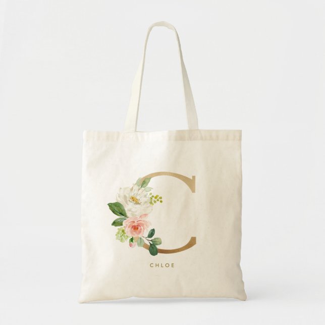 Bolsa Tote Faux Gold Foil Floral - Letra C Monograma Bridesma (Frente)