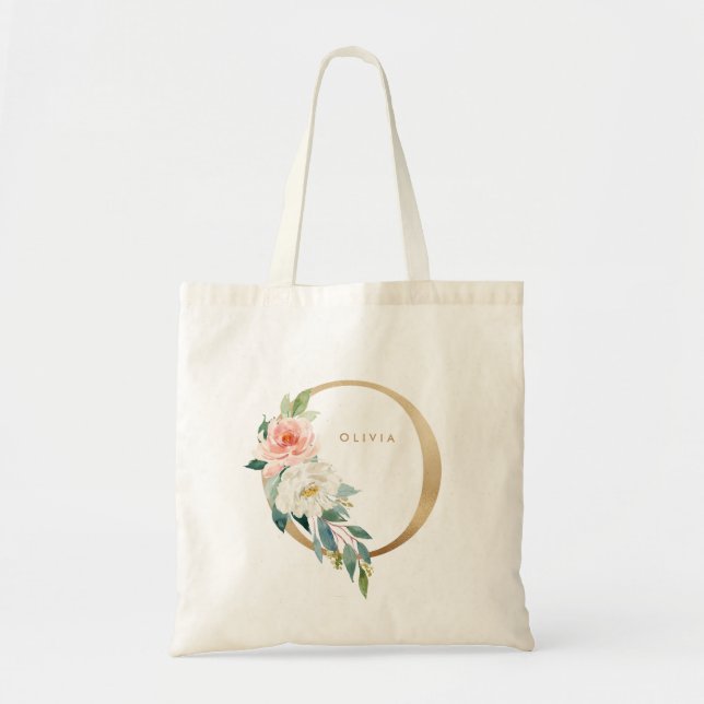 Bolsa Tote Faux Gold Foil Floral - Letra O Monograma Bridesma (Frente)