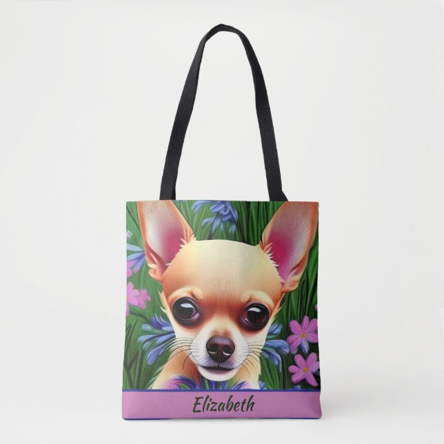 Bolsa Tote Fawn Chihuahua Puppy no Prado Flor Personalizado (Frente)