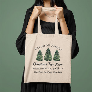 Bolsa Tote Fazenda de Árvores de Natal em Aquarela Nome da Fa