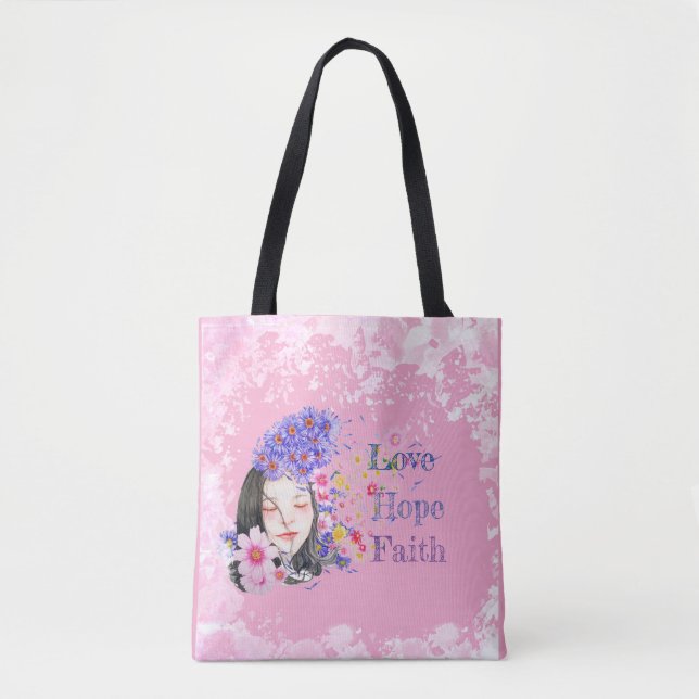 bolsa tote fé esperança amor aquarela (Frente)