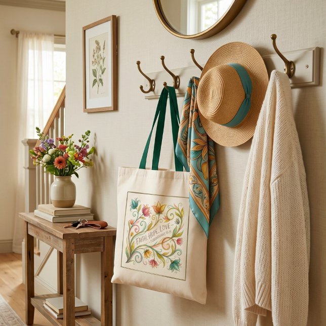 Bolsa Tote Fé Esperança Amor floral (Criador carregado)