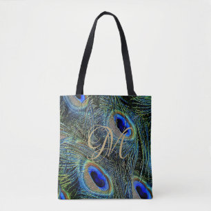 Bolsa Tote Fechar Penas Coloridas de Peacock Monograma Dourad