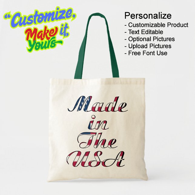 Bolsa Tote Feita no orçamento natural e escuro dos EUA (Made in The USA Natural & Dark Green Budget Tote Bag - Personalize, Customizable & Text Editable.)