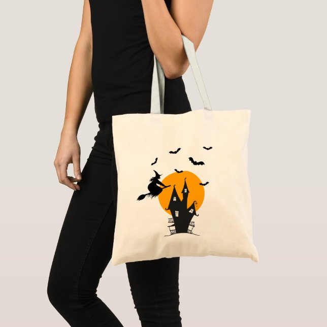 Bolsa Tote Feiticeira de bruxa assombrada Laranja e Halloween (Frente (produto))