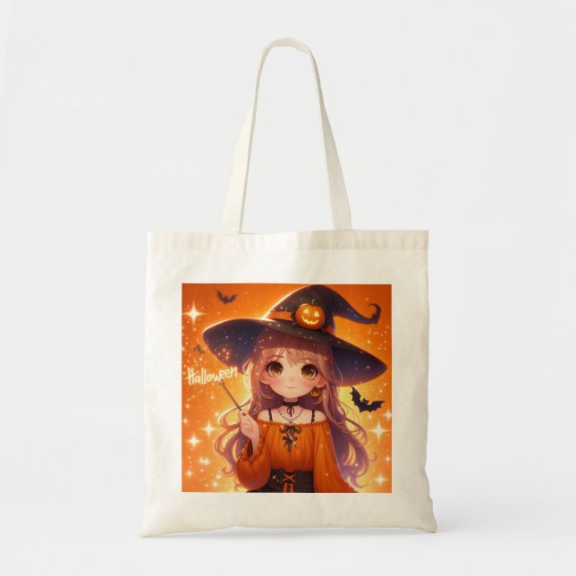 Bolsa Tote Feiticeira de Halloween Animada (Frente)