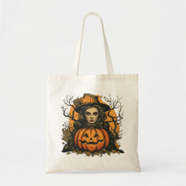 Bolsa Tote Feiticeira e Abóbora do Halloween em um