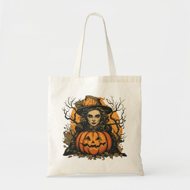 Bolsa Tote Feiticeira e Abóbora do Halloween em um (Frente)