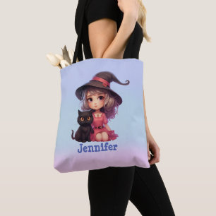 Bolsa Tote Feiticeira e Gato Negro Rosa e Azul Halloween