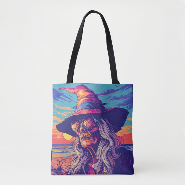 Bolsa Tote Feiticeira legal Retro Sunset Halloween (Frente)