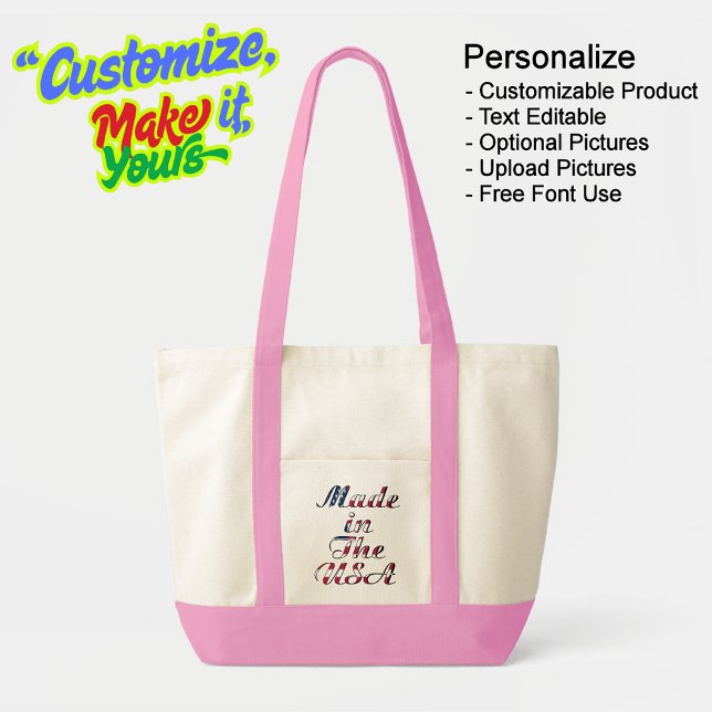 Bolsa Tote Feito no Saco de Tote Natural e Rosa dos EUA (Made in The USA Natural & Pink Impulse Tote Bag - Personalize, Customizable & Text Editable.)