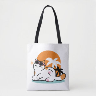 Bolsa Tote Feline Fine no Sol - Gato Tropical Relaxado