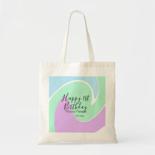 Bolsa Tote Feliz 1º aniversário rosa verde azul acrílico derr
