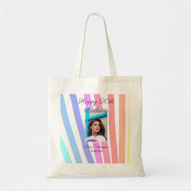 Bolsa Tote Feliz 20º Aniversário arco-íris rústico boho linha (Frente)