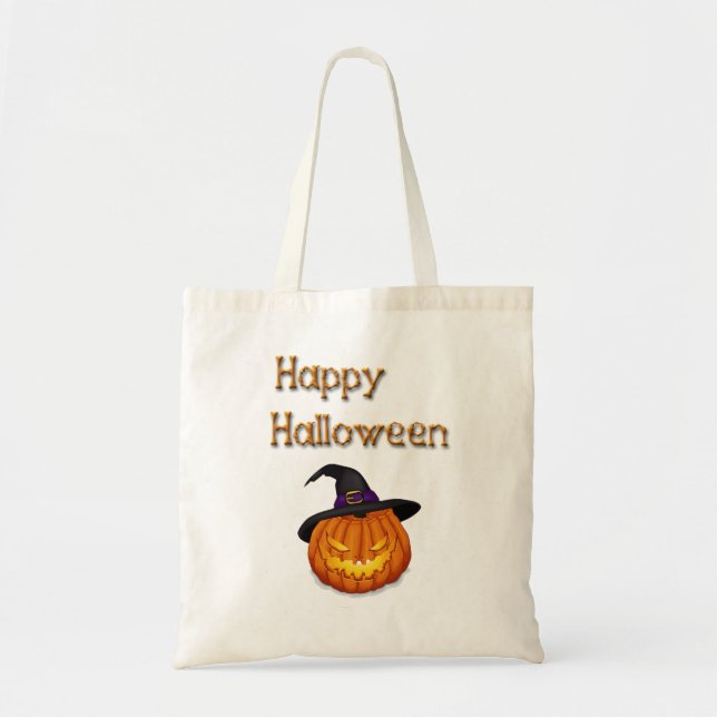 Bolsa Tote Feliz Abóbora de Halloween com chapéu (Frente)