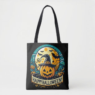 Bolsa Tote Feliz Abóbora do Halloween na Lua Cheia do Chapéu