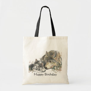 Bolsa Tote Feliz Aniversário Aquarela Wolf & Cubs Animal Art