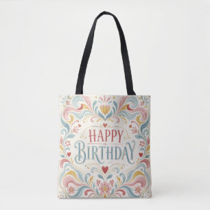 Bolsa Tote Feliz Aniversário Arte Folclórica Escandinava Rede