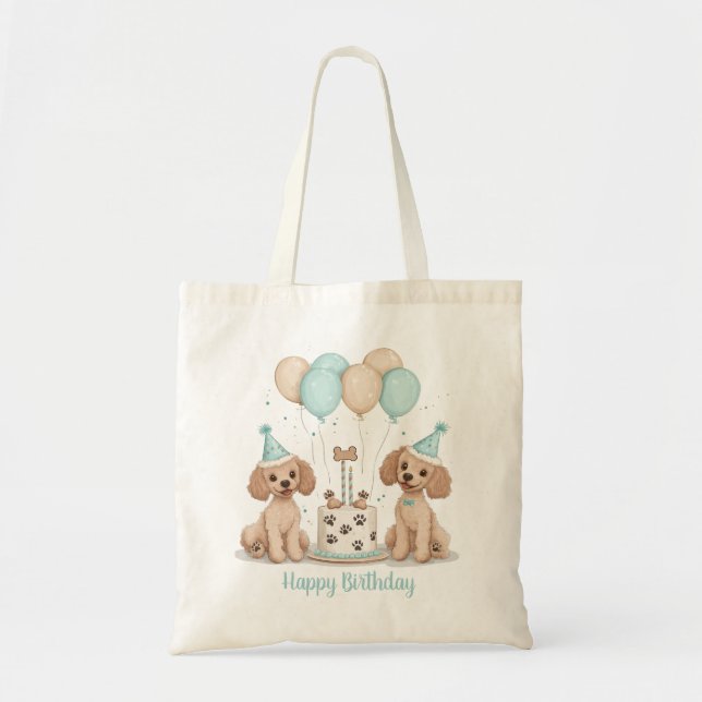 Bolsa Tote Feliz Aniversário - Cachorros de Poodle Standard (Frente)