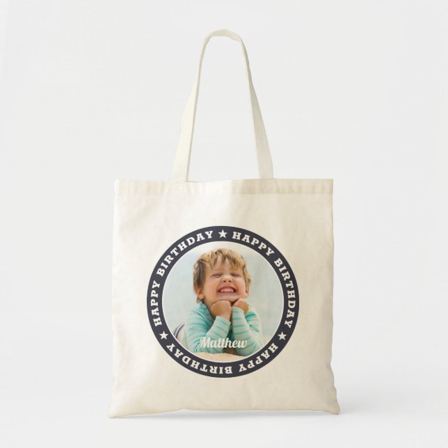 Bolsa Tote Feliz Aniversário Foto Personalizada Simples e Mod (Frente)