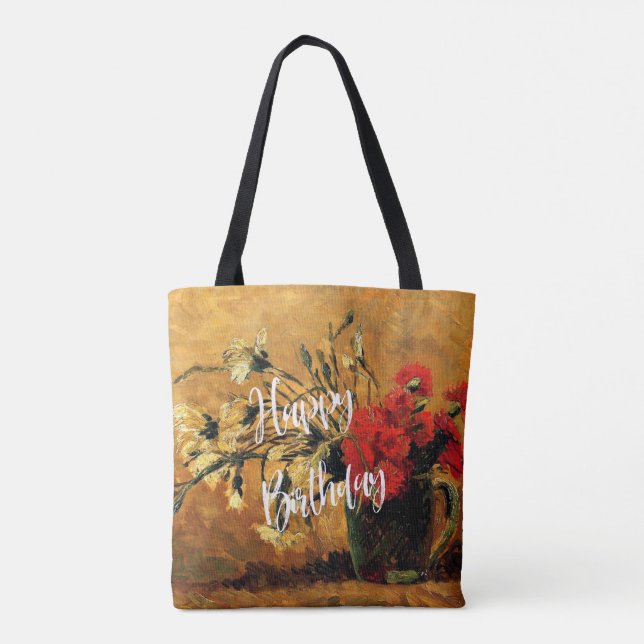 Bolsa Tote Feliz aniversário, Jug com Cravos Vermelhos e Bran (Verso)