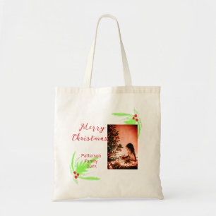 Bolsa Tote Feliz Brilho Natal adicione o nome da família de b