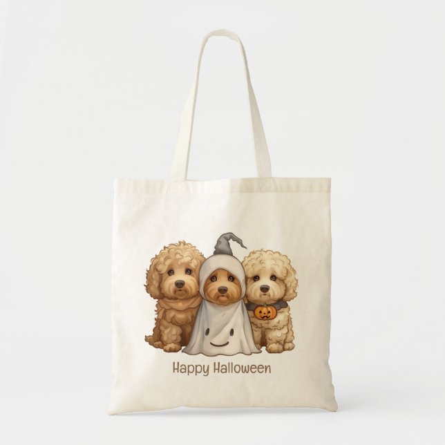 Bolsa Tote Feliz Cachorro de Goldendoodle de Halloween (Frente)