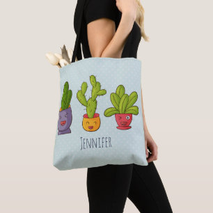 Bolsa Tote Feliz Cactus Cute em Potes Flores, ilustração dive