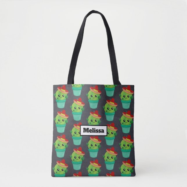 Bolsa Tote Feliz Cactus Verde num Padrão Sombrero Vermelho (Frente)