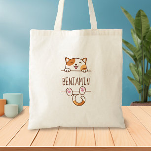Bolsa Tote Feliz Calico Cat Pionando atrás do nome personaliz