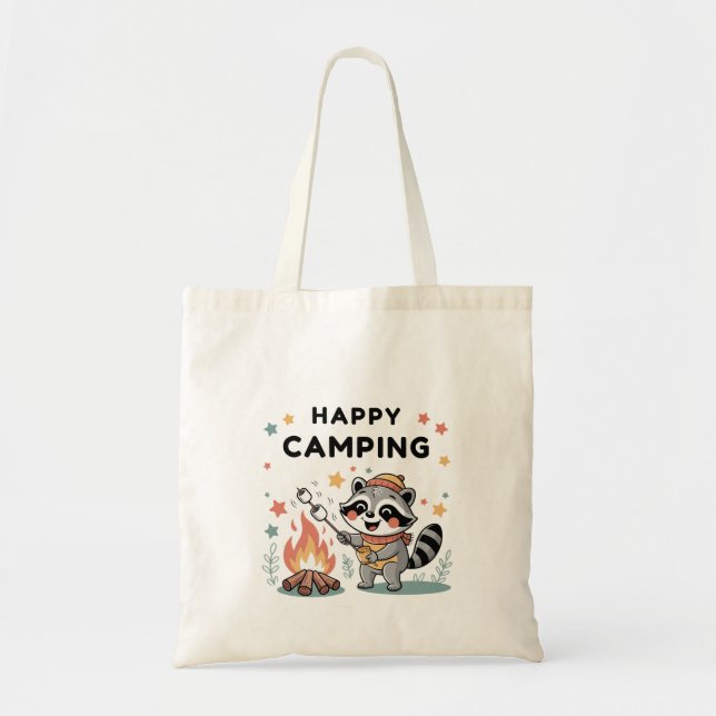 Bolsa Tote Feliz Camping Raccoon, Cartoon de Campanha (Frente)