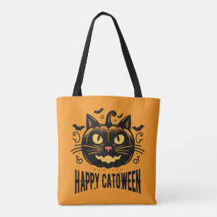 Bolsa Tote Feliz Catoween Gato Preto Abóbora Rosto Halloween