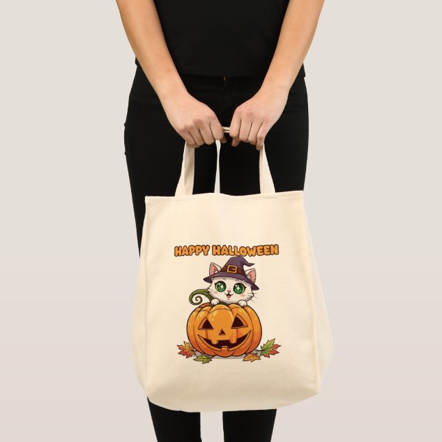 Bolsa Tote Feliz Chibi Gato e Aboborinha (Frente (produto))