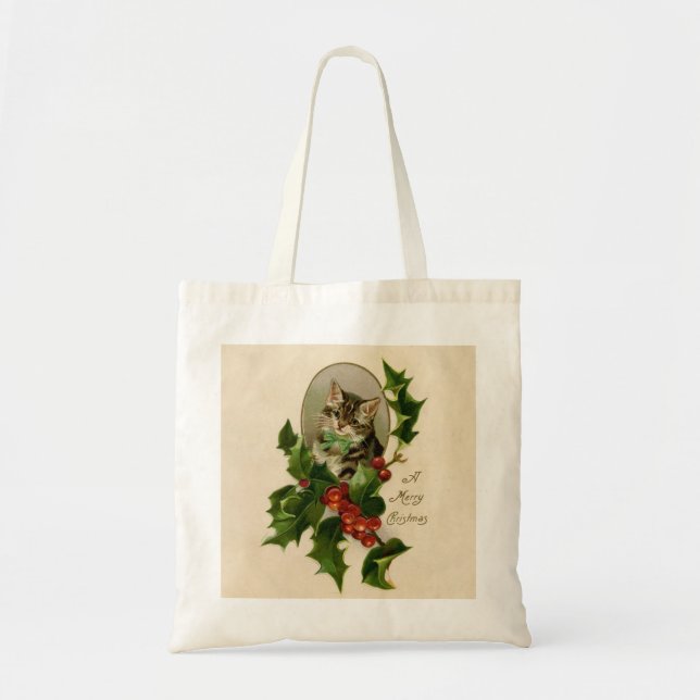 Bolsa Tote Feliz de Natal Holly Kitten Arte Antiquada (Frente)