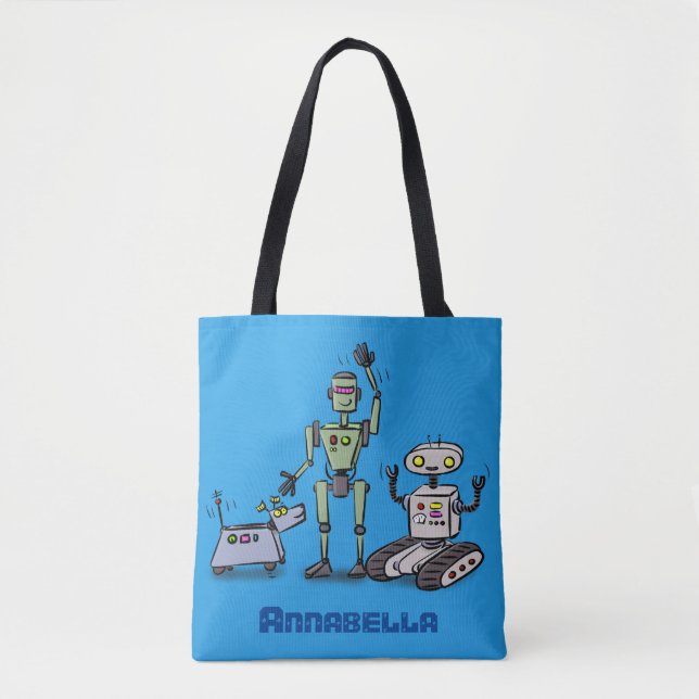 Bolsa Tote Feliz desenho animado de robôs fofos (Frente)