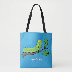 Bolsa Tote Feliz desenho de cartoon verde da lagarta