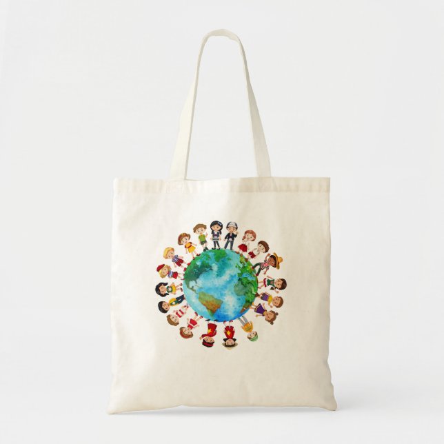 Bolsa Tote Feliz Dia da Terra Crianças ao redor do mundo (Frente)
