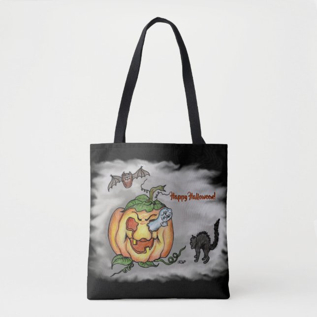 Bolsa Tote Feliz Dia das Bruxas com Ghost Cat Bat Pumpkin (Frente)