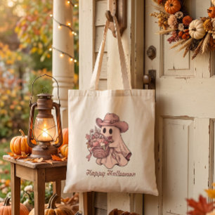 Bolsa Tote Feliz Dia das Bruxas Cowgirl Fantasma Rosa